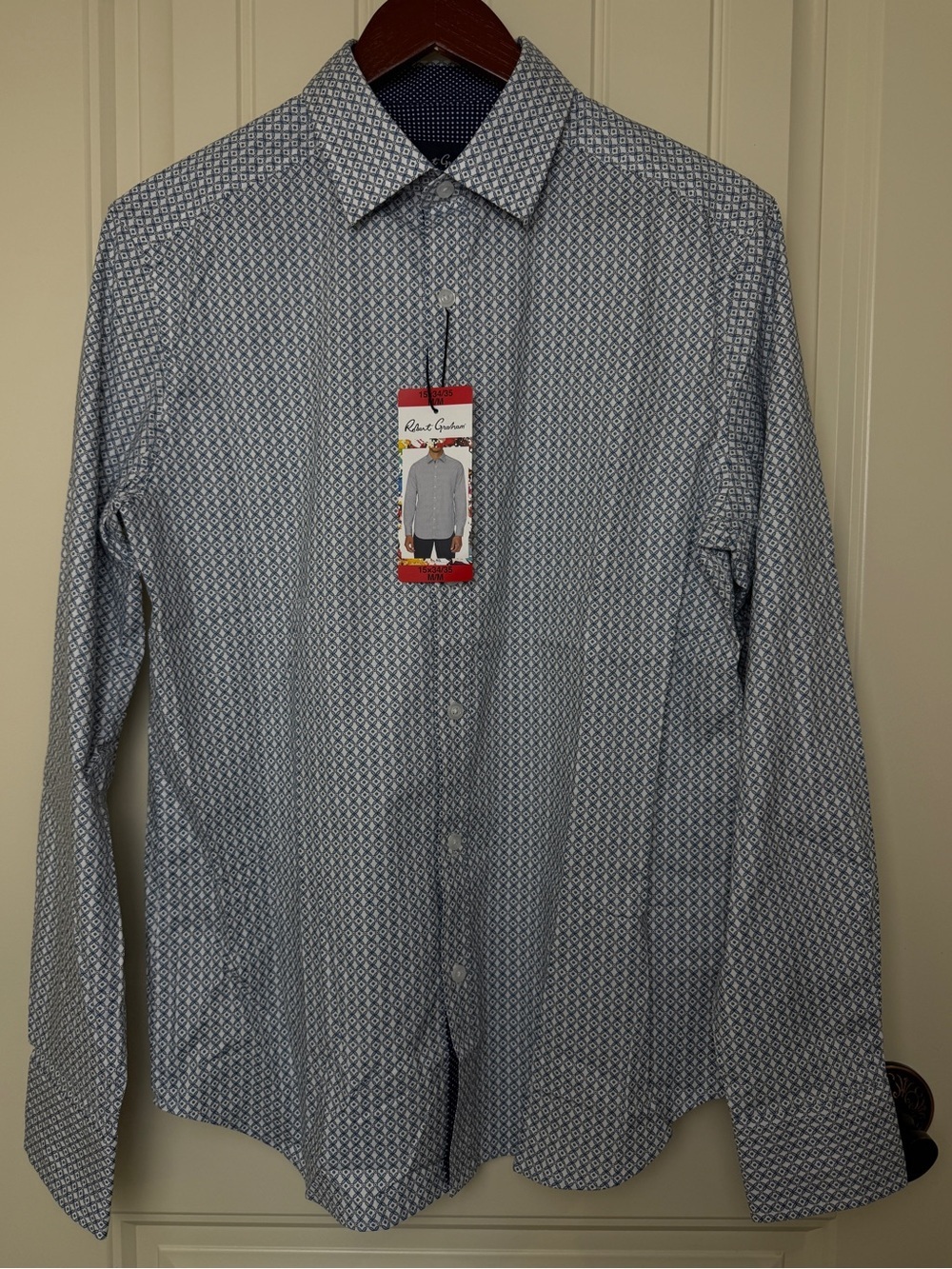 Robert Graham Men's Blue White Geometric Button Down Dress Shirt 15X34/35